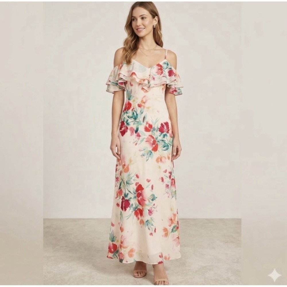 NWT Calvin Klein Pink Multicolor Floral Ruffle Cold Shoulder V-Neck Maxi Dress 4